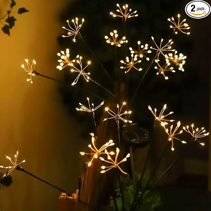 Solar Garden Lights Outdoor Waterproof，2 Pcs Solar Fireworks Garden Lights，8 Lighting Modes, and This is an Outdoor Decorative Ambient Light with 60 LEDs.