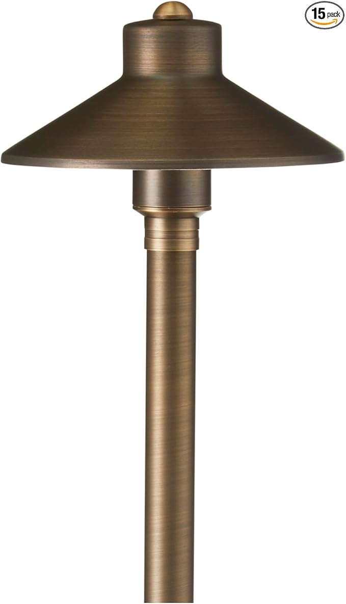 VOLT 15-Pack 12V Cast Brass Flat Hat Path Lights (7" Shade, 24" Tall) for Low Voltage Landscape Lighting on Outdoor Pathway, Walkway, Garden, Driveway or Patio