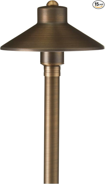 VOLT 15-Pack 12V Cast Brass Flat Hat Path Lights (7" Shade, 24" Tall) for Low Voltage Landscape Lighting on Outdoor Pathway, Walkway, Garden, Driveway or Patio