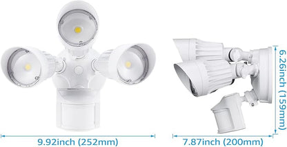 LEONLITE COB LED Security Lights Motion Sensor, Aluminum Flood Lights Outdoor, 3 Modes Motion Detector+Dusk to Dawn+Switch Control, 100-277V, Adjustable 3-Head, IP65, ETL, 5000K Daylight, White