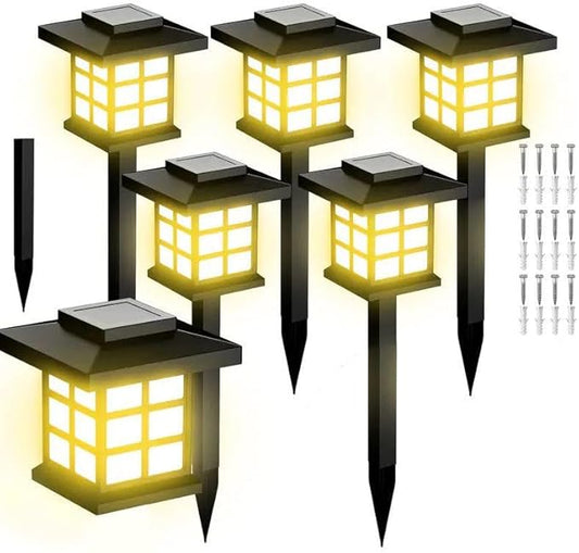 Solar Outdoor Path Lights, Waterproof LED Landscape Garden Lights,IP55 Black Grid Design, 15.7 Inch Height, 700mA Battery (Warm Light, Buy 1 get 5 Free)