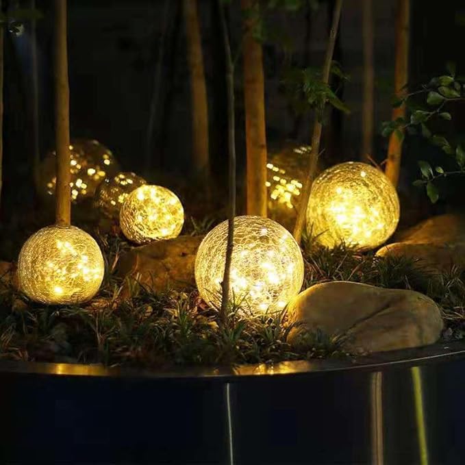 Solar Ball LED Lights Crackle Glass Globe Garden Stake Lamp Yard Art Decor for Yard Pathway Patio Lawn Decoration (Warm White)