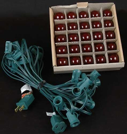 25 Foot G30 Outdoor Patio String Lights with 25 Red Globe Bulbs – Indoor Outdoor String Lights – Market Bistro Café Hanging String Lights – C7/E12 Base - Green Wire