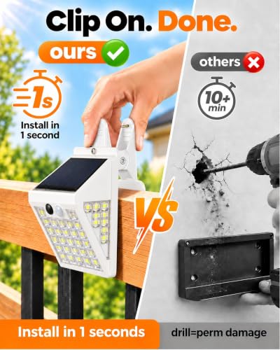 Clip On Solar Lights Outdoor,Motion Sensor Outdoor Lights, 72LEDs 600LM Clip on Solar Fence Lights Outdoor Waterproof LED,Solar Lights for Wall Fence,Deck, Gutter,Camping (2, Black) (6, White)
