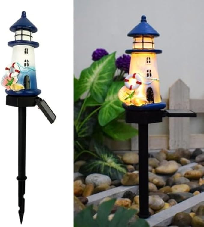 2 Pack Solar Lighthouse Outdoor Garden Lights for Patios, Lawns, and Pathways with Resin Construction for Weather Resistance