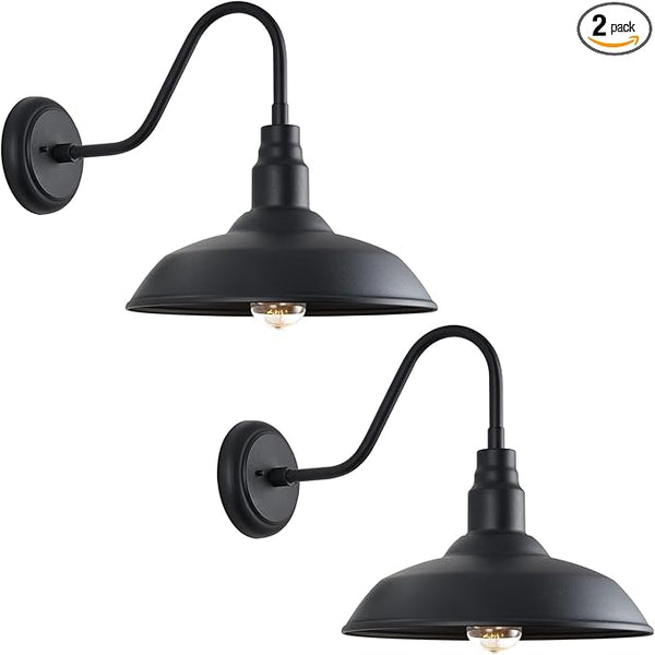 14 Inch Outdoor Gooseneck Light Fixture for Porch, 2 Pack Large Exterior Barn Lights for Farmhouse, Black Outside | Lumora