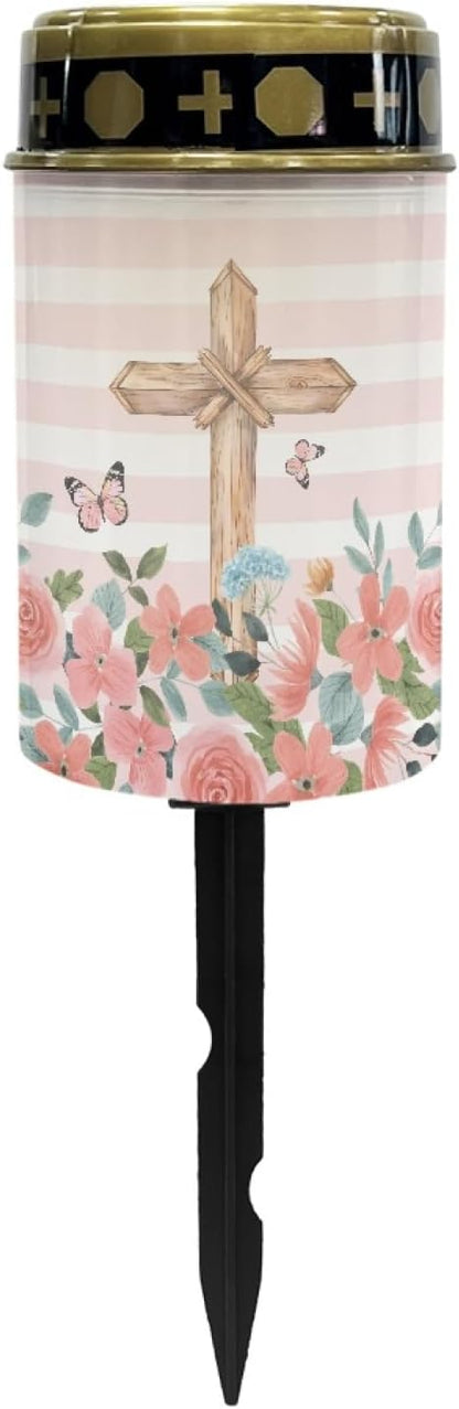 Cross and Pink Floral Cemetery Lights for Grave,Solar Lights Outdoor Waterproof Lights Garden Lights Solar Powered Pathway Lights Backyard Lights Solar String Lights Wall Light Auto On & Off