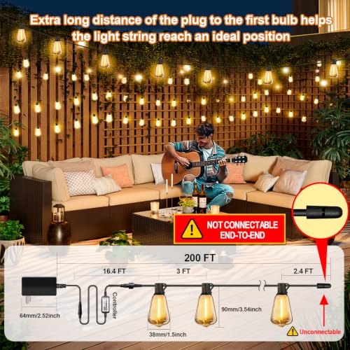 200FT Plug-in String Lights, 60 ST38 Bulbs, Bluetooth & Remote, 2700K