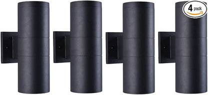 mirrea Modern Outdoor Porch Light Patio Light in 2 Lights with Matte Black Aluminum Cylinder and Tempered Glass Cover Waterproof Wall Sconce 4 Pack