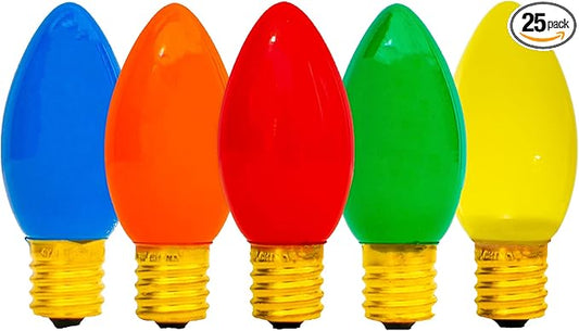 EST. LEE DISPLAY L D 1902 Indoor ＆ Outdoor String Light C9 Glass Christmas Steady Solid Replacement Bulbs E17 Socket C-9 Candelabra Style Box of 25 (Multi-Colored)