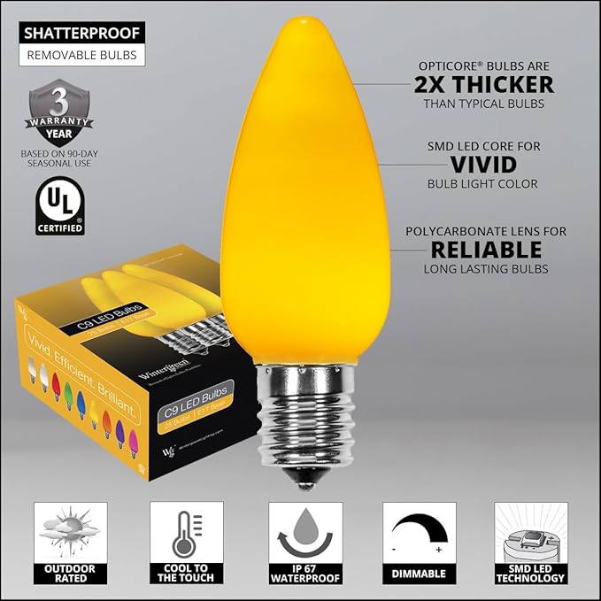 Wintergreen Lighting C9 OptiCore LED Commercial Outdoor Christmas Lights Heavy Duty; Wedding; White Wire (25 Lights, 25 Ft, Gold Smooth/Opaque)