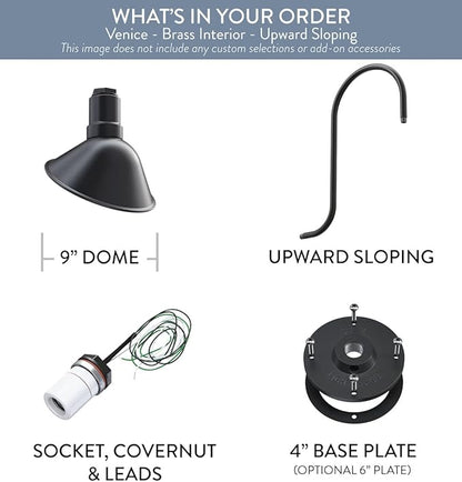 Steel Lighting Co. Venice Store Sign Light | for Outdoor Restaurant Accent Wall | 9 inch Dome | Upslope Gooseneck | Made in America | Matte Black Exterior/Brass Interior