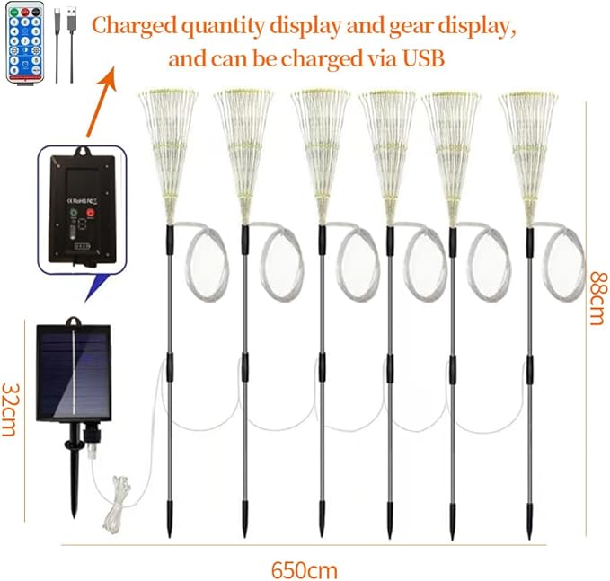 6 Pack 720 LED Outdoor Solar Ground Inserted Colorful Fireworks Lights with Remote Control, Waterproof Solar&USB Powered Courtyard Atmosphere Decorative Lights,8 Modes DIY Path Light.