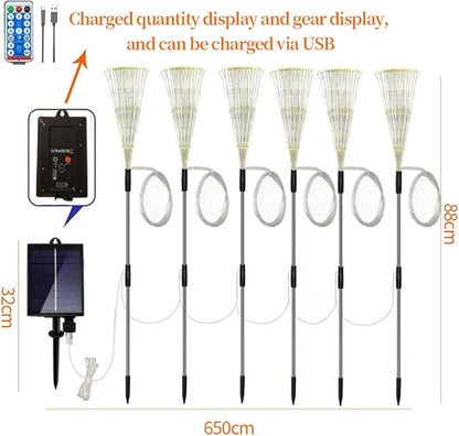 6 Pack 720 LED Outdoor Solar Ground Inserted Colorful Fireworks Lights with Remote Control, Waterproof Solar&USB Powered Courtyard Atmosphere Decorative Lights,8 Modes DIY Path Light.