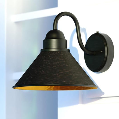 VAXCEL Outland 9 in. H 1-Light Aged Iron and Light Gold Dusk to Dawn Sensor Farmhouse Outdoor Wall Sconce, Gooseneck Metal Shade, Dark Sky Compliant for Exterior Porch Patio Front Door or Garage