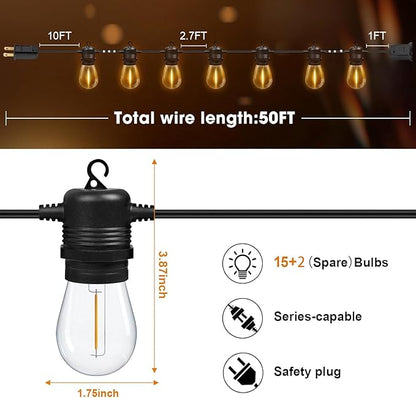 Outdoor String Lights Waterproof, 50ft Patio String Ligths for Outside with 17 (2 Spare) Replaceable E12 Bulbs Shatterproof, 2700K Warm White Great for Balcony, Gazebo, Yard, Porch