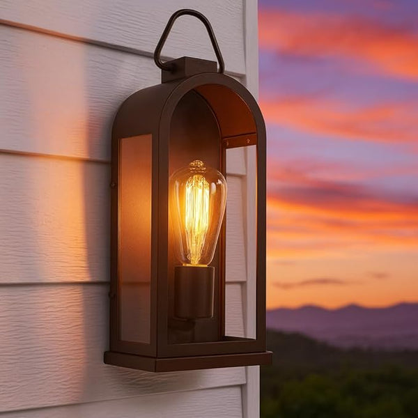 Vintage Outdoor Wall Light Fixture (1 Pcs) - Dark Brown Porch Lantern/Exterior Wall Sconce, Glass Shade, Sturdy | Lumora