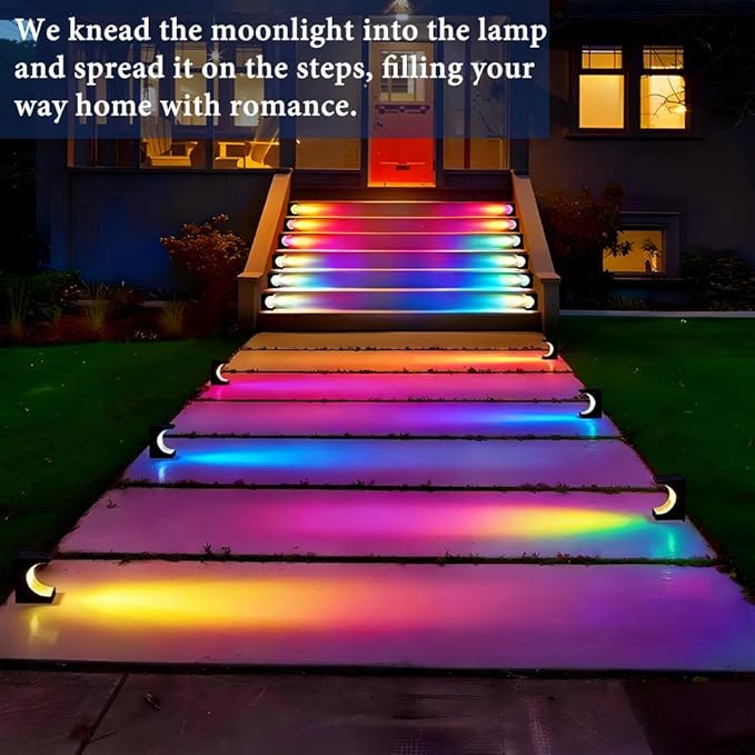 8 Pack Solar Step Lights Outdoor, IP65 Waterproof LED Stair Lights with RGB Color Changing for Garden, Patio, Yard | Lumora