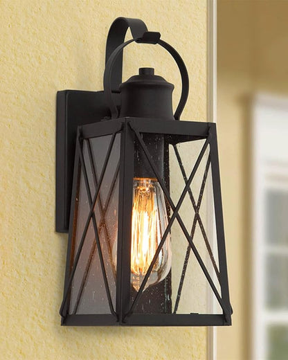 LALUZ Outdoor Wall Lantern, Farmhouse Exterior Porch Light, Outside Weather-Resistant Wall Mount Sconce with Seeded Glass for Patio Garage, Matte Black, ETL Listed, 60W
