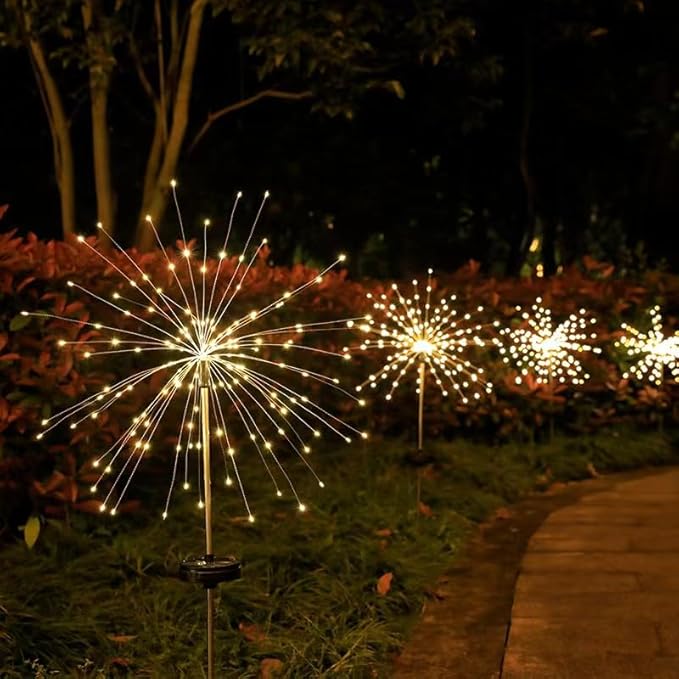 Solar Firework Lights 2Pcs Garden Lights Outdoor Waterproof, 120 LED with 8 Modes Twinkling and Steady-On, Festive daysStarburst Lights for Path, Patio, Yard (Warm White)