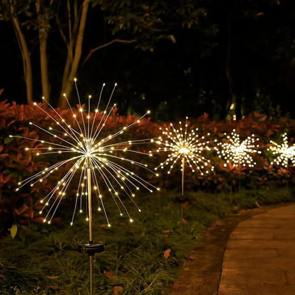 Solar Firework Lights 2Pcs Garden Lights Outdoor Waterproof, 120 LED with 8 Modes Twinkling and Steady-On, Festive daysStarburst Lights for Path, Patio, Yard (Warm White)