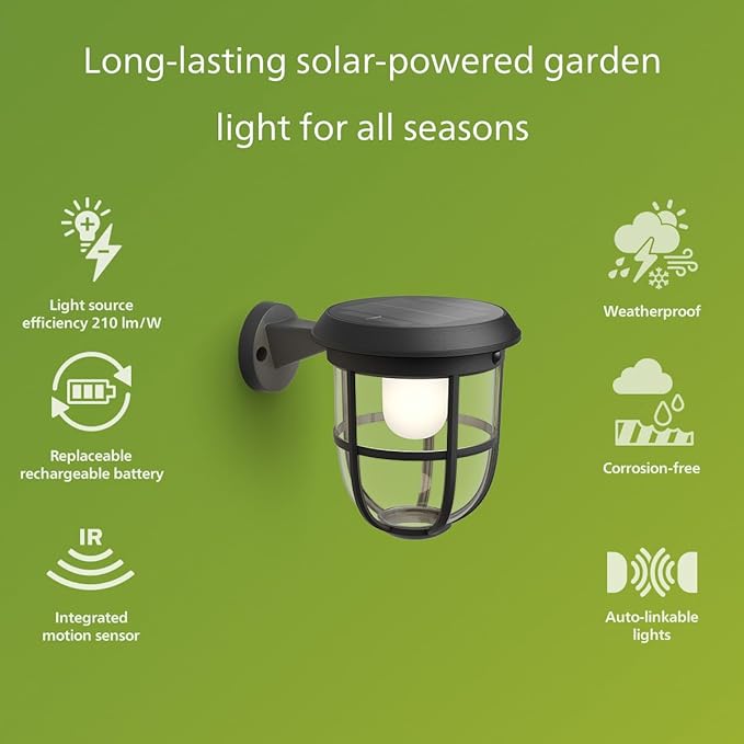 Philips Solar LED 1-Pack Ultra-Efficient Wall Lantern - Radii, Dusk to Dawn, Automatically Linkable, Daylight and | Lumora