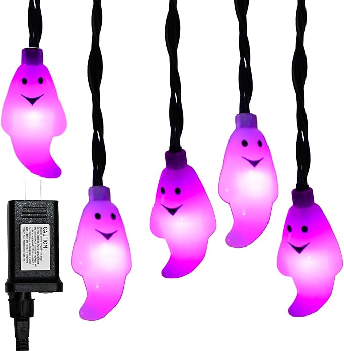 SUNSGNE 21ft Halloween String Lights, 50 LED Purple Ghost String Lights with 8 Modes, Extendable, Waterproof - Spooky Decor for Outdoor Garden Patio Yard House Indoor Bedroom Halloween Party