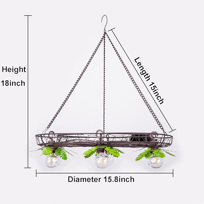 Battery Operated Outdoor Chandelier, Decorative Hanging Pendant Lights with 6pcs G40 Bulbs, Rust Finish Metal Wire Floral shade, Brightness Adjustable with Timer for Pergola Gazebo Porch Patio Decor
