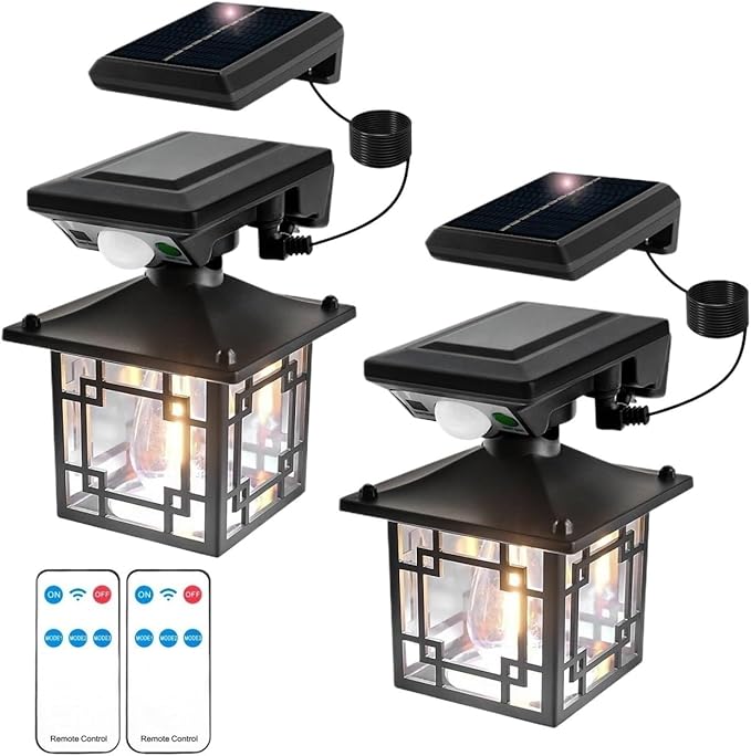 QUQUQ Solar Pathway Lights 2 Packs Solar Outdoor Wall Lights with Sensor Garden Retro Lantern Yard Patio Decor(Black2)