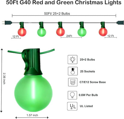 50Ft G40 Outdoor Christmas Lights, LED G40 Colored Christmas Lights with 27 Shatterproof Frosted Globe Light Bulbs(2 Spare) for Holiday Gifts Bistro Balcony Roofline Garden Decor-Red and Green