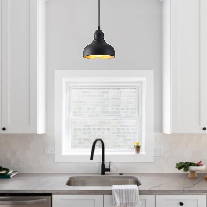 7in Dome Black Farmhouse Barn Pendant Light with Brass Interior, 2 Pack Outdoor Porch Hanging Lamp Small Industrial | Lumora