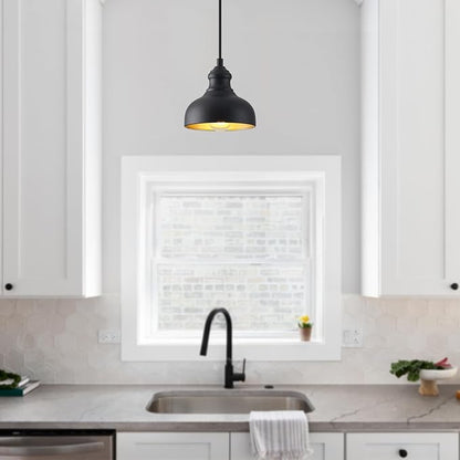 7in Dome Black Farmhouse Barn Pendant Light with Brass Interior, 2 Pack Outdoor Porch Hanging Lamp Small Industrial Barn Style Pendant Lighting for Bedroom Kitchen Hallway, Height Adjustable