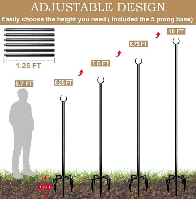 10ft String Light Poles for Outdoors, Outside Light Poles with 5-Prong Base, Suit for Garden, Backyard, Patio | Lumora