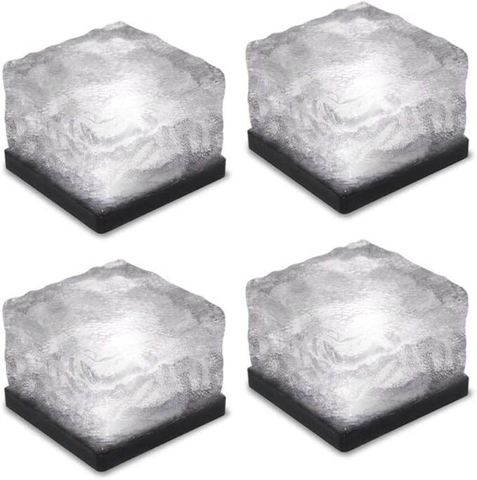 4 Pack Solar Path Ice Cube Lights Outdoor, Waterproof Glass LED Glass Clear Brick in-Groud Buried Festive Light Night Lamp for Garden Courtyard Pathway Patio Pool Pond Decoration(White)
