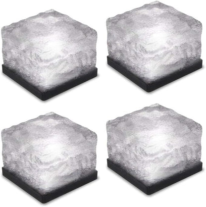 4 Pack Solar Path Ice Cube Lights Outdoor, Waterproof Glass LED Glass Clear Brick in-Groud Buried Festive Light Night Lamp for Garden Courtyard Pathway Patio Pool Pond Decoration(White)