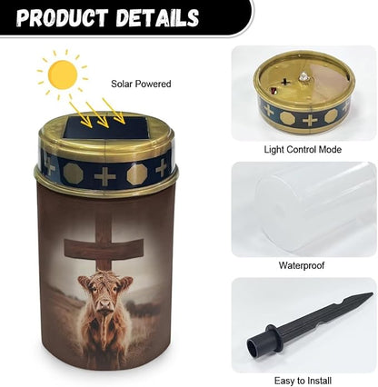 Cute Highland Cow Cross Lights for Grave Lamp Waterproof Cemetery Solar Lights for Grave Patio Yard Decoration