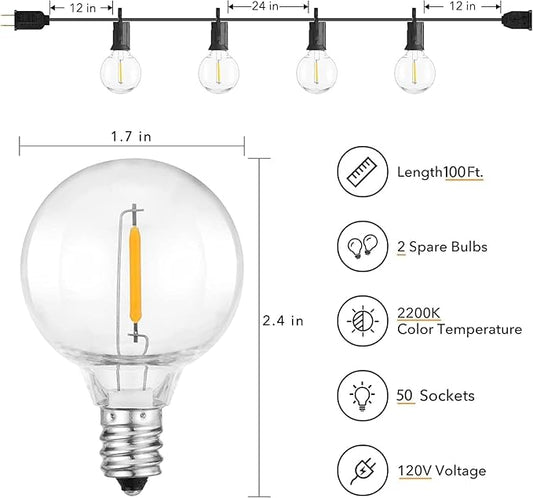 Brightown Outdoor String Lights, 100FT 50+2 G40 Bulbs Shatterproof Patio Lights, IP65 Waterproof Dimmable Hanging Connectable Globe LED Outdoor Lights for Backyard, Bistro, Porch, Deck, Balcony