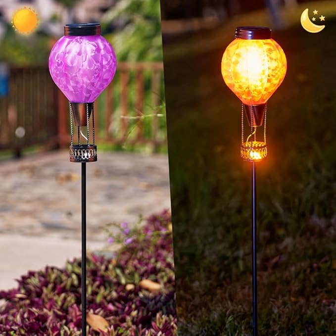 Solar Garden Lights Outdoor with Hot Air Balloon, Stake Garden Lights Solar Waterproof Flickering Lantern Lawn Pathway Patio Decor(Purple)