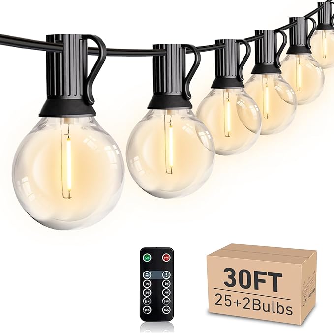 LED 30FT Outdoor String Lights with Remote Waterproof Patio Lights Dimmable 27 Shatterproof G40 Bulbs, Globe String Lights Decorative Balcony Bistro Gazebo Porch Cafe Lights