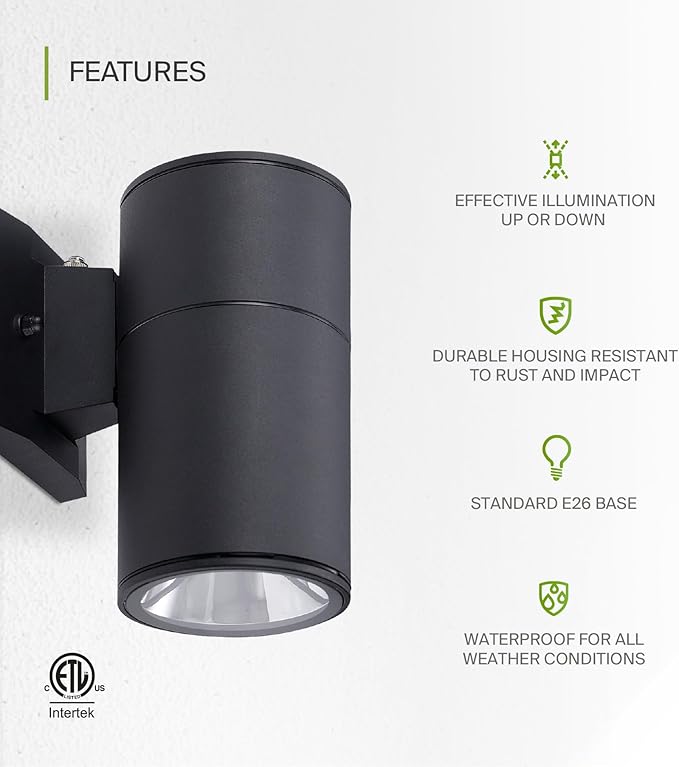 ASD 1 Light Dusk to Dawn Outdoor Wall Light Fixture | 60W E26 Bulb Socket 120V ETL Cylinder Up Down Lights | | Lumora