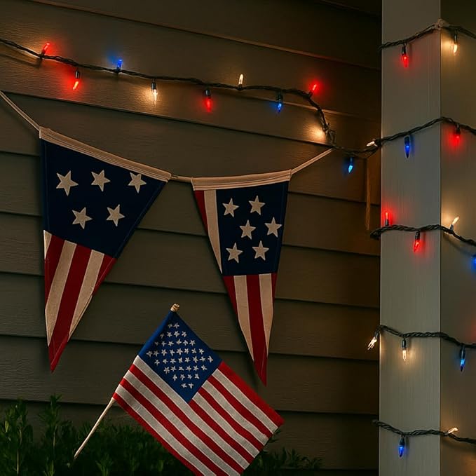 Novelty Lights 50 Feet 100 Bulbs Traditional Incandescent Mini Lights, Red/White/Blue on Green Wire with 6" Spacing, Commercial Grade and UL Listed for Indoor/Outdoor Use, End-to-End Connectable