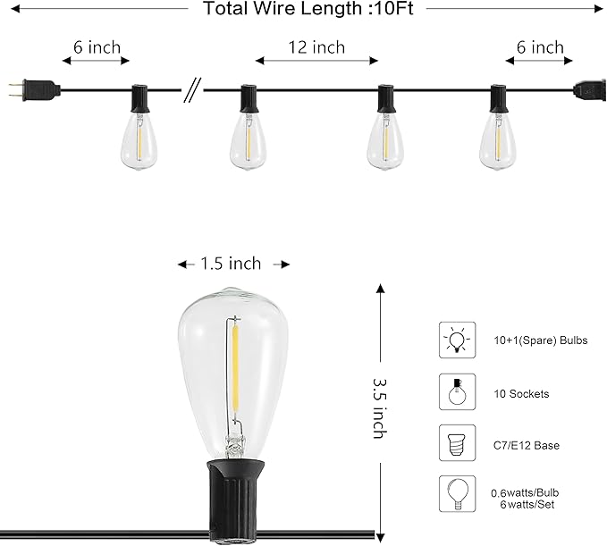 JONATHAN Y 10' Black - LED 10-Light Indoor/Outdoor String Lights, Half-Chrome Bulbs, Rustic Industrial Edison Lights for Patio Deck Backyard Wedding Party Decor (JYL8704C)