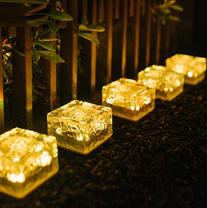 Solar Glass Brick Lights, LED Brick Lights for Garden Landscape Path, Ice Cube Rocks Solar Lamp,Green