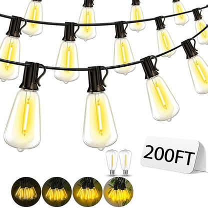 Outdoor Patio String Lights 200ft: ST38 LED Shatterproof Bulbs 3 Modes Button Control - Waterproof Connectable Lights - Wedding Bistro Party Gazebo Backyard Decorative