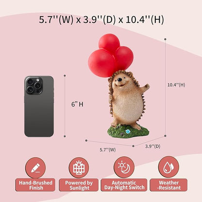 WHIMSYNOOK Hedgehog Figurine with Balloon – Solar LED Garden Statue & Whimsical Gift Décor, 10.4" Resin Cute Animal Light for Porch, Lawn, Yard, Housewarming, or Birthday