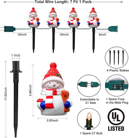 Christmas Snowman Pathway Stakes Lights 7Ft C7 Outdoor Landscape String Light with 4 Snowman Driveway Markers(E12 Base 5w) for Patio Yard Garden Lawn Decoration 1 Pack, White