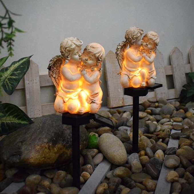 Angel Garden Solar Light, Resin Angel Figure Solar Garden Stake Lights Waterproof for Yard Pathway Fence Patio Lawn Decor (Angle Lovers)
