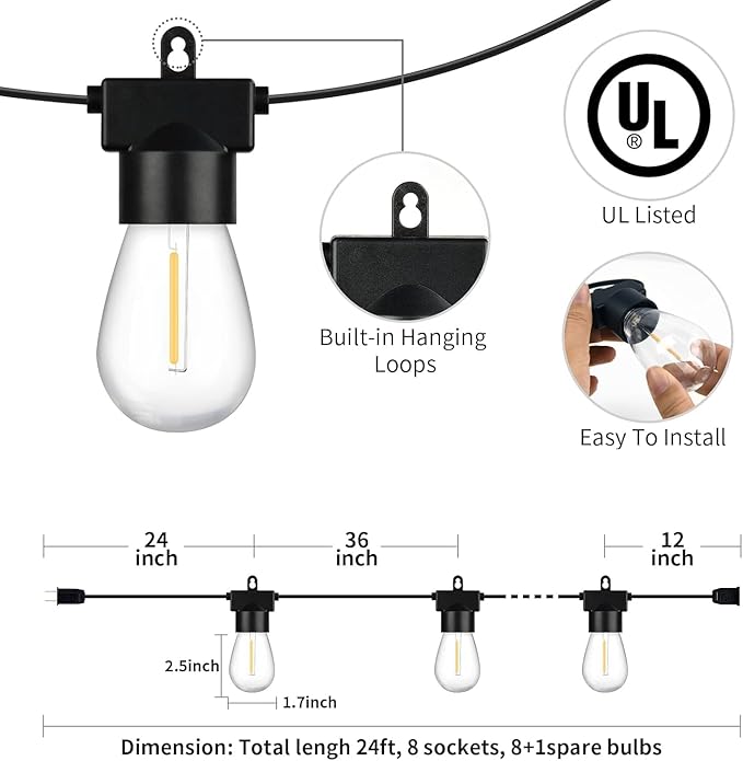 Aialun 24FT LED Outdoor String Lights, Outside Patio Backyard Light with S14 2700K Shatterproof Edison Bulbs | Lumora