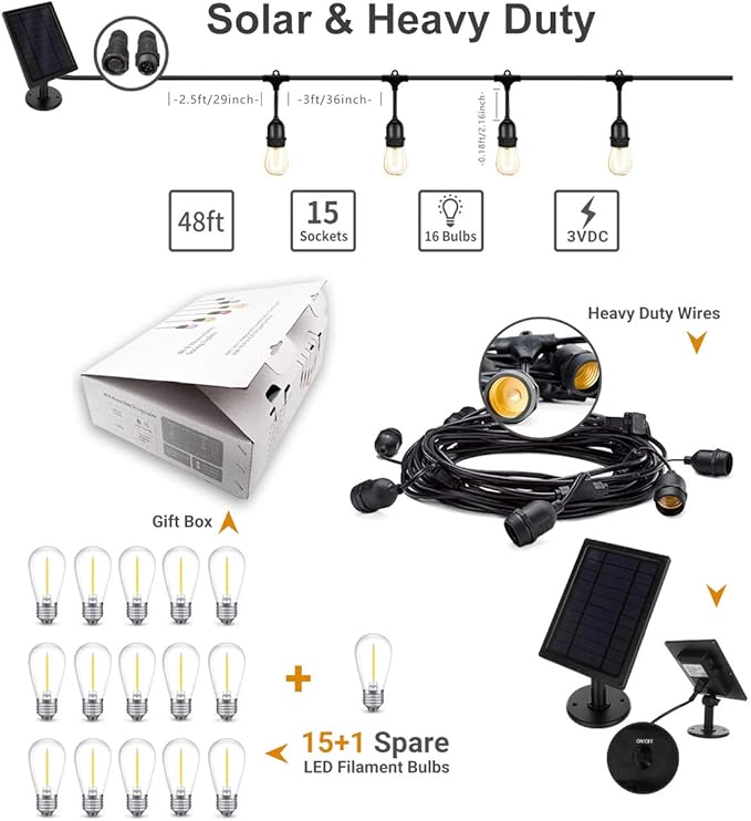 Fule Solar String Lights,S14 LED Outdoor String Light 48FT Heavy Duty,15 Hanging Sockets,1W Plastic Vantage Bulbs,Create Ambiance for Backyard Party Decoration/Cafe/Garden/Patio