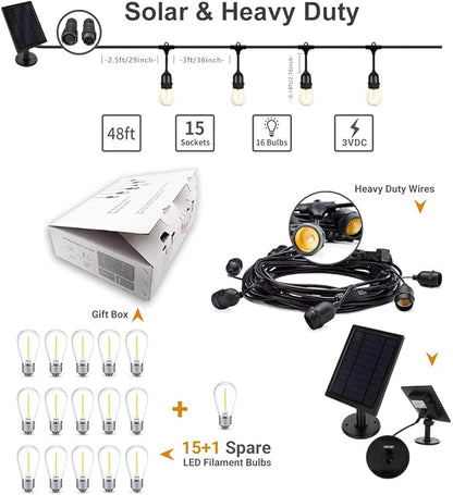 Fule Solar String Lights,S14 LED Outdoor String Light 48FT Heavy Duty,15 Hanging Sockets,1W Plastic Vantage Bulbs,Create Ambiance for Backyard Party Decoration/Cafe/Garden/Patio
